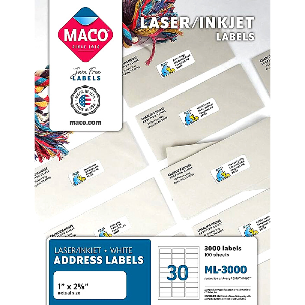 Picture of 46-000 Maco Laser/Inkjet Labels 1x2-5/8 (3M) #ML-3000